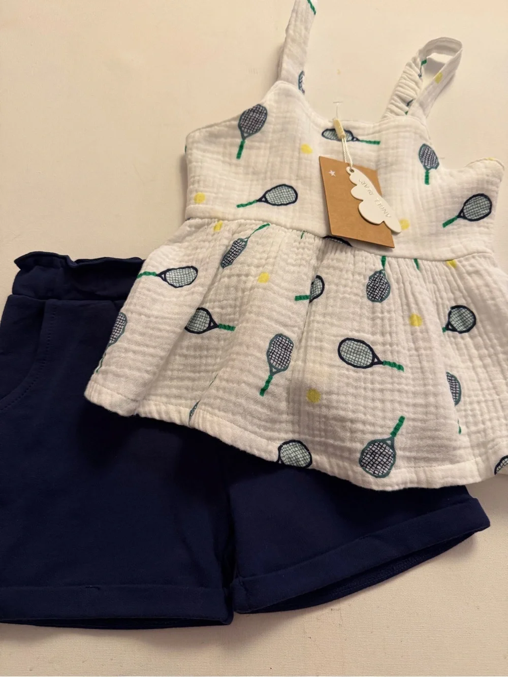 Angel Dear White Tennis Racket Peplum Top & Navy Shorts Set